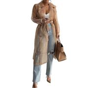 Yancremio Women's Elegant Trench Coat Tulle Mesh Organza Trench Coat Fashion Loose Slit Lapel Double Breasted Jacket Casual Vacation Lightweight Tie Cardigan (Khaki,XL)
