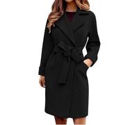 Yancremio Women's Lapel Wool Trench Coat Fashion Business Elegant Solid Color Waist Tie Tweed Coat Autumn and Winter Warm Coat (Black,M)