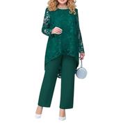 Yancremio Women's Pants Set Holiday Lace Top and High Waisted Straight Pants Set Mother of The Bride Wedding Guests Casual Loose Suit (Green,XL)