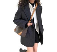Yancremio Women's Retro Wool Blend Blazer Fashion Casual Business Lapel Formal Jacket Elegant Autumn and Winter Solid Color Jacket (Black-Grey,L)