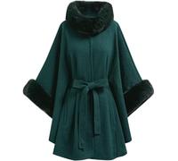 Yancremio Women's Solid Color Bow Tie Faux Fur Collar Poncho Fashion Trend Elegant Lapel Poncho Casual Comfortable Warm Office Poncho (Dark Green,One Size)