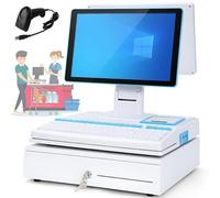 YANDDEA 15.6-inch POS-Touch-Screen-Monitor,Multi-Touch Monitor,POS terminal with handheld scanner, LED touch screen, keyboard cash register, printer, For Office,Restaurant White-DualScreen