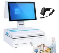 YANDDEA 15.6 inch touch screen, cash register, keyboard, built-in 58mm printer, complete package, POS computer, factory point of sale, cash register for business and business White-DualScreen