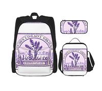 YANDM Lavender Stamp Backpack 3 Pcs Set Travel Hiking Lightweight Laptop Pencil Case Insulated Lunch Bag for Women