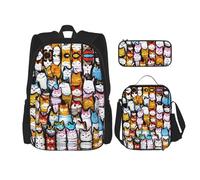 YANDM Many Cartoon Cats Backpack 3 Pcs Set Travel Hiking Lightweight Laptop Pencil Case Insulated Lunch Bag for Women