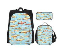 YANDM Many Cartoon Small Airplanes Backpack 3 Pcs Set Travel Hiking Lightweight Laptop Pencil Case Insulated Lunch Bag for Women
