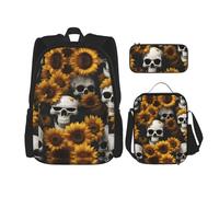 YANDM Sunflower Halloween Skull Backpack 3 Pcs Set Travel Hiking Lightweight Laptop Pencil Case Insulated Lunch Bag for Women
