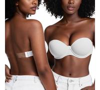 YANDW Strapless Bra with Clear Back Invisible Strap Push Up Padded Underwire Backless Halter Bralette 36C, White