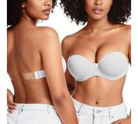 YANDW Strapless Bra with Clear Back Invisible Strap Push Up Padded Underwire Backless Halter Bralette 36D, White