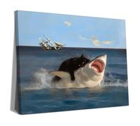 Yaneiro Framed Black Cat and Shark Wall Art - Funny Quirky Canvas Print, Abstract Posters for Room, Bedroom, Living Room, Bathroom - 12x16in