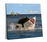 Yaneiro Framed Black Cat Bathroom Wall Art, Funny Quirky Cat and Shark Pictures Canvas Print, Abstract Black Cat Shark Posters Wall Decor for Room Bedroom Living Room Bathroom 20x20 in