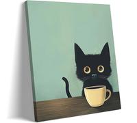 Yaneiro Framed Fun Black Cat Wall Art Abstract Drinking Coffee Picture Cute Retro Black Cat Wall Decor Canvas Poster Print Suitable for Cafe Bar Living Room Restaurant Bedroom 12x16in
