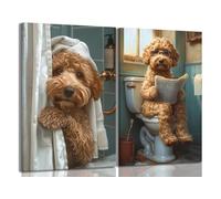 Yaneiro Funny Bathroom Canvas Wall Art-Set of 2 Poodle On Toilet Reading Newspaper Wall Decor Goldendoodle In Shower Humor Animal Poster Picture for Dog Lovers Restroom Ideas Decor 12x16 Inch Framed