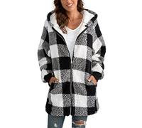 Yanekop Women Oversized Sherpa Hoodie Fuzzy Fleece Jacket Zip Up Outerwear Coat with Pockets, White Black, x-Large