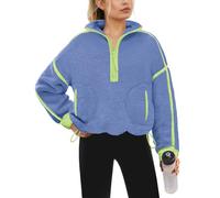 Yanekop Womens 1/2 Zip Up Sherpa Pullover Fuzzy Fleece Sweatshirt Fluffy Lapel Outerwear with Pockets, Purple Blue, S