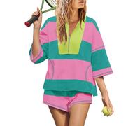 Yanekop Womens 2 Piece Outfits Summer Striped Lounge Set Two Piece Matching Workout Sets Oversized Short Sets Tracksuits, Hot Pink Green, S