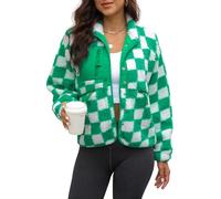 Yanekop Womens Fleece Jacket Fuzzy Long Sleeve Short Coats Button Down Sherpa Outerwear With Pockets, Green White, M