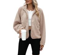 Yanekop Womens Fleece Jacket Fuzzy Long Sleeve Short Coats Button Down Sherpa Outerwear with Pockets, Light Brown, M