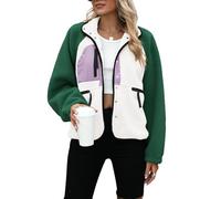 Yanekop Womens Fleece Jacket Fuzzy Long Sleeve Short Winter Coats Button Down Sherpa Jacket Outerwear with Pockets, B Green Purple White, L