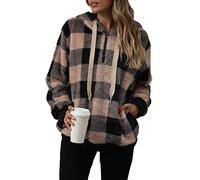 Yanekop Womens Oversized Hoodies Quarter Zip Pullover Sherpa Jacket Zip Up Sweatshirt Fuzzy Fleece Pullover with Pockets, A Khaki Black Plaid, S