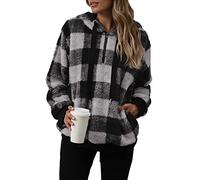 Yanekop Womens Oversized Hoodies Quarter Zip Pullover Sherpa Jacket Zip Up Sweatshirt Fuzzy Fleece Pullover with Pockets, A Black Grey Plaid, XL