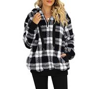 Yanekop Womens Oversized Hoodies Quarter Zip Pullover Sherpa Jacket Zip Up Sweatshirt Fuzzy Fleece Pullover with Pockets, A White Black Plaid, Medium