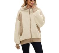 Yanekop Womens Oversized Sherpa Jacket Cozy Color Block Fleece Jacket Fuzzy Zip Up Hoodies Outerwear with Pockets, Beige Khaki, M