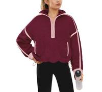 Yanekop Womens Quarter Zip Pullover Sherpa Fleece Jacket Oversized Zip Up Sweatshirt Half Zip Pullover Fuzzy Outerwear, Hot Pink Red, XS
