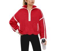 Yanekop Womens Quarter Zip Pullover Sherpa Fleece Jacket Oversized Zip Up Sweatshirt Half Zip Pullover Fuzzy Outerwear, Red White, Small