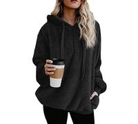 Yanekop Womens Sherpa Pullover Fuzzy Fleece Sweatshirt Oversized Hoodie Pockets(Black,L)