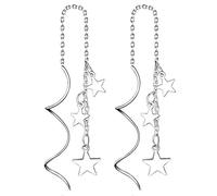 Yaneno 925 Sterling Silver Sweet Little Mini Star Shape Earrings Needle Drop Threader Pull Through Tassel Dangle Curve Twist Pretty Earrings for Women's Gift (White)