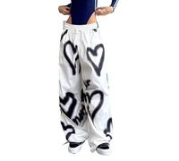 yanenrun Hot Girl Hip Hop Love Graffiti Elastic Waist Drawstring Wide Leg Pants Loose Casual High Street Y2k Floor Mopping Pants,White,S