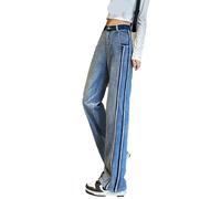 yanenrun S-5xl Long Length Jeans Women Side Stripe Contrast Color Retro American Style Casual Trouser Trendy Simple Streetwear Schoolgirl,blue,M