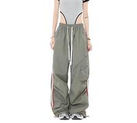 yanenrun Y2K Kpop Cargo Pant Women Drawstring Pockets Wide Leg Chic Punk Pants Baggy Striped Sports Sweatpants Parachute Jogger Trousers,army Green,M