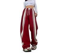 yanenrun Y2K Pant Women Drawstring Pockets Wide Leg Chic Cotton Pants Red Baggy Striped Sports Parachute Jogger Trousers,Red,M