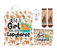 YANFALE Capybara 4 Piece Gift Set Tote Bag Cosmetic Pouch Socks Keyring | Durable canvas and soft cotton essentials providing daily stress relief exam encouragement and gentle emotional care