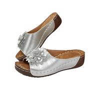 YANFJHV Open Slippers, Women's Mules with Wedge Heel, Fish Mouth Wedge Sandals, Slip-On Sandals with Floral Pattern, Large Sizes, Women's Sandals, Platform Slippers, PU Leader Flip Flop, silver, 6 UK