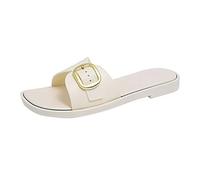 YANFJHV Sandals, Women's Elegant Flat Square Slippers, Peeptoe Sandals with Buckle, Slip-On Sandals, Plain Leather Slippers, Breathable, Comfortable Beach Sandals, Lightweight Casual Sandals, beige, 5