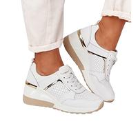 YANFJHV Women's Trainers With Wedge Heel - White Casual Platform Mules With Mesh Breathable Flat Sole, Outdoor Non-Slip Sports Shoe, Beige, Size 4