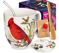 Yang Chai Jumbo Cup 900 ml, Large Tea Cup Made of Bone Porcelain, XXL Cup Gift Set 6 Pieces with Coasters, Paper Tea Filter, Glass Straw, Large Drinking Cup for Tea and Coffee YC Suni Birds