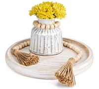 Yangbaga 11.8In Wooden Decorative Serving Tray Coffee Table Tray, Rustic Round-Ottoman Centerpiece Candle Holder Trays,Whitewashed Tray Decor for Farmhouse Kitchen Decor&Table Decor&Dining Room Table