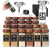 Yangbaga 24Pcs Glass Spice Jars with Labels，4oz Empty Square Spice Bottles with Acacia Wood lid & Shaker Lids and Silicone Collapsible Funnel Included…