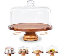 Yangbaga Glass Cake Stand with Lid,11in Wooden Rotating Cake Stand with Dome Cover, Cake Plate Display Server Tray for Birthday Kitchen Party Baking Gifts
