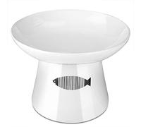 Yangbaga raised cat bowl ,4.8x6.4in Premium Ceramic Cat Food Bowl With Fish Motif,Tilt Angle Protect Cat's Spine, Stress Free, Backflow Prevention, Gift for Cat, White
