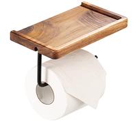Yangbaga Toilet Paper Holder with Shelf: Wall Mount Bathroom Tissue Roll Storage with Adhesive& Screw, Matte Black Aluminum Alloy Bathroom Accessories Wood Shelf for Phone Wipes