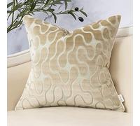 Yangest Beige Square Throw Pillow Cover Wavy Velvet Cushion Cover Modern Zippered Pillowcase for Sofa Couch Bedroom Living Room Chair, 18 x 18 Inch