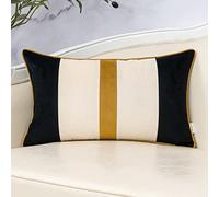 Yangest Black Patchwork Lumbar Throw Pillow Cover Striped Velvet Cushion Case Modern Neutral Oblong Pillowcase for Sofa Couch Bedroom Living Room Home Decor, 12x20 Inch