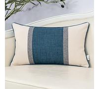 Yangest Blue Patchwork Linen Lumbar Throw Pillow Cover Farmhouse Burlap Cushion Case Neutral Oblong Pillowcase for Sofa Couch Bedroom Living Room Home Decor, 12x20 Inch