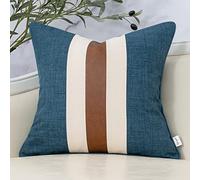 Yangest Blue Patchwork Linen Throw Pillow Cover Farmhouse Burlap Cushion Case Faux Leather Pillowcase for Sofa Couch Bedroom Living Room Home Decor,18x18 Inch