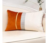 Yangest Burnt Orange Patchwork Velvet Lumbar Pillow Cover with Gold Striped Leather Cushion Case Modern Luxury Pillowcase for Sofa Couch Bedroom Living Room Home Decor,12"x20"